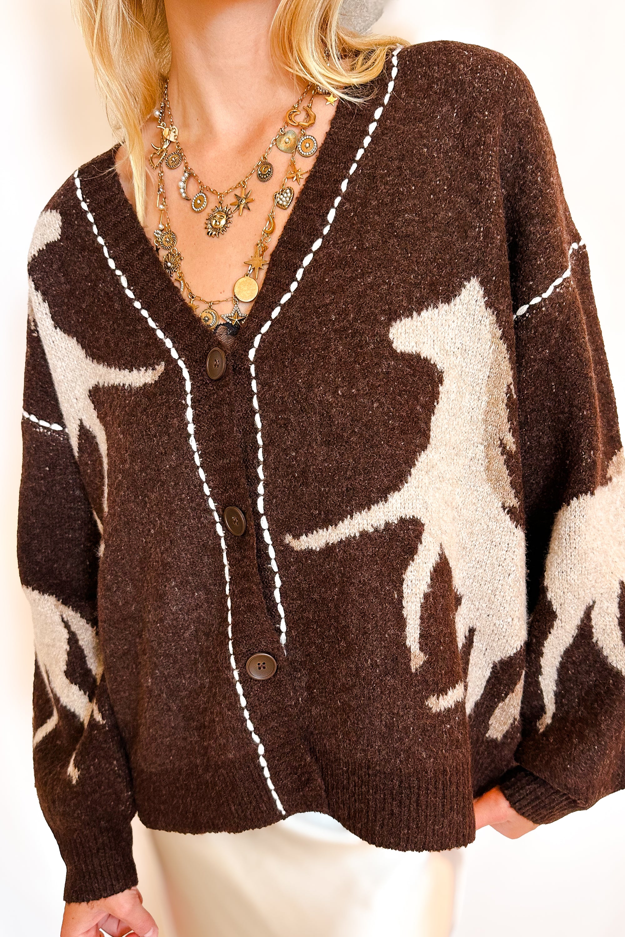 Equestrian Stitch Detail Cardigan Sweater / Brown