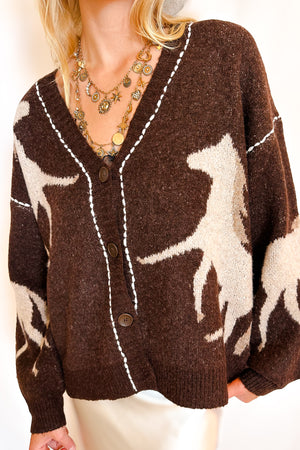 Equestrian Stitch Detail Cardigan Sweater / Brown