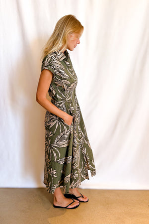 Linen Palm Button Up Open Back Sleeveless Dress / Olive