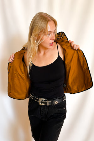 Quilted Leopard Button Down Puffer Jacket / Brown