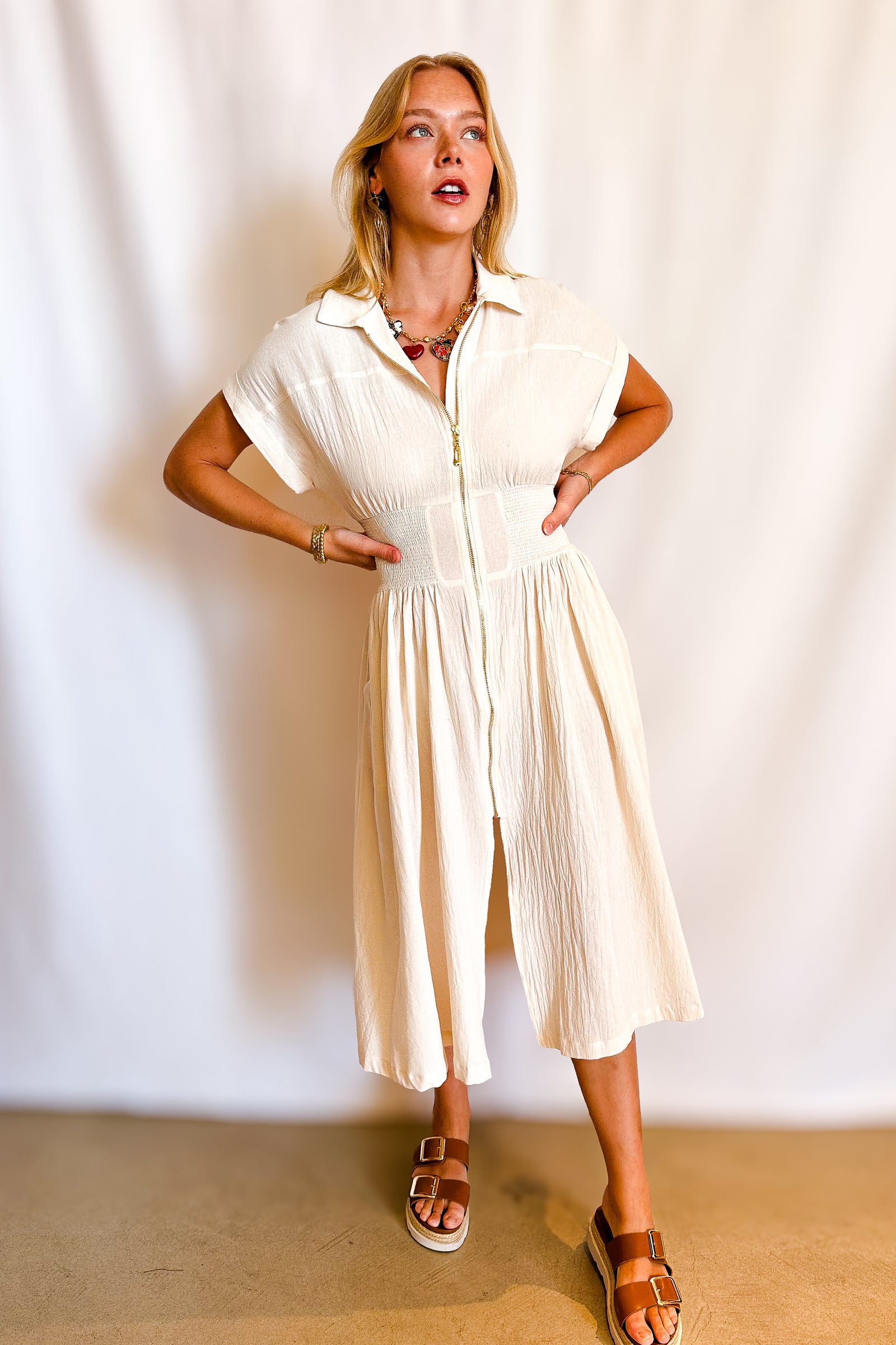 Cotton Sleeveless Kimono Zip Up Midi dress / Beige