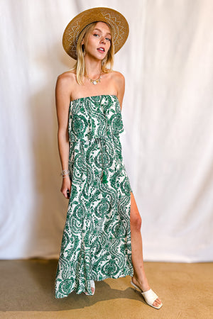 Paisley Damask Print Strapless Ruffle Top Maxi Dress / Green