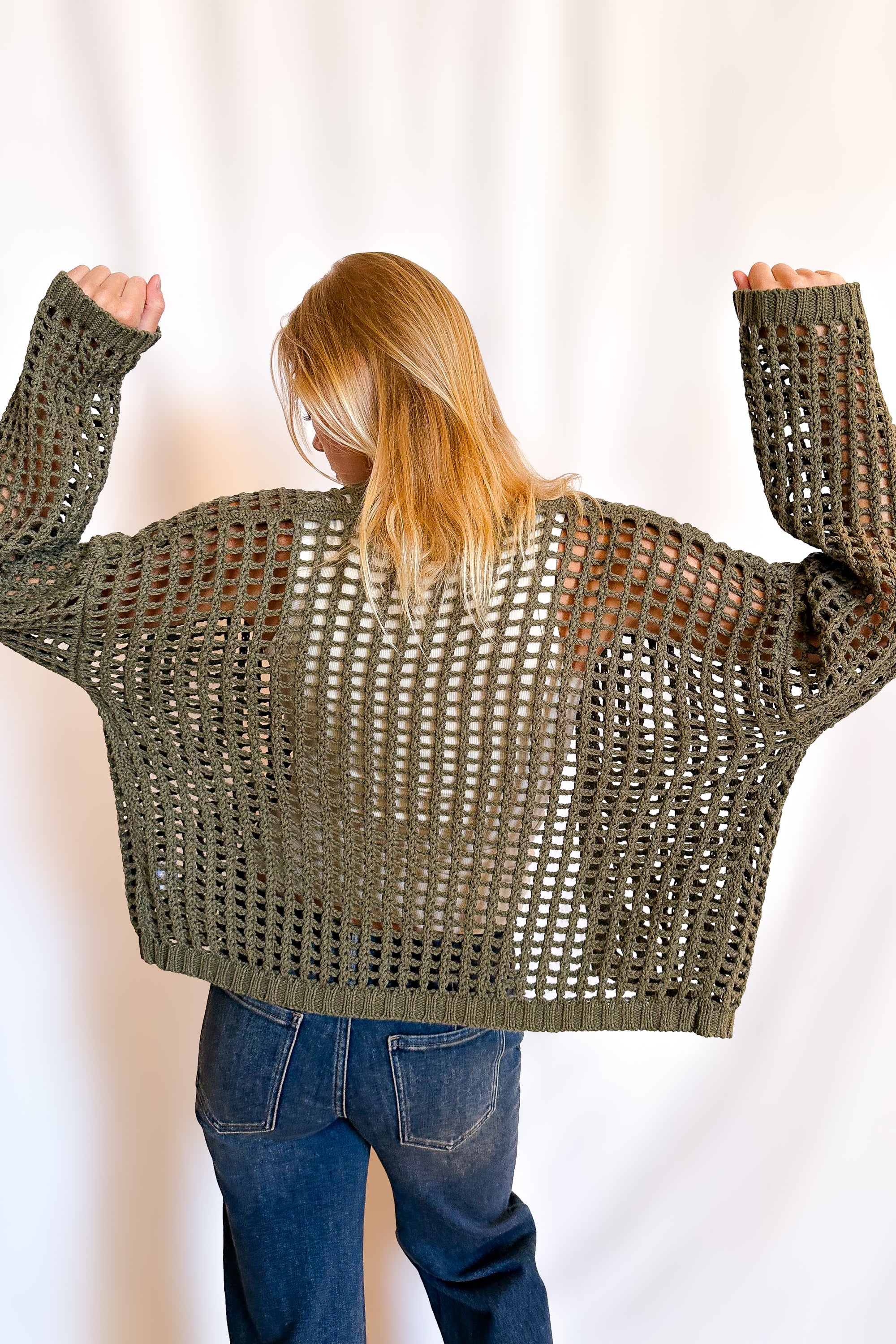 Crochet Waist Length Open Cardigan / Olive