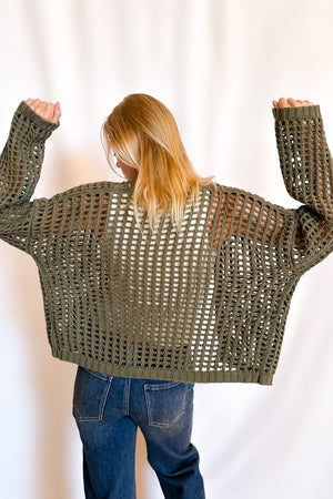 Crochet Waist Length Open Cardigan / Olive