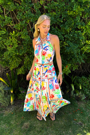 Aquatic Print Sash Back Tie Top / Ivory