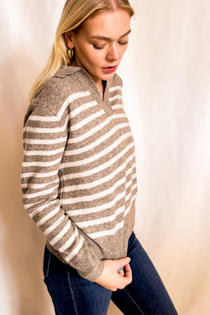 Striped Wool Blend Collar V Neck Sweater / Mocha