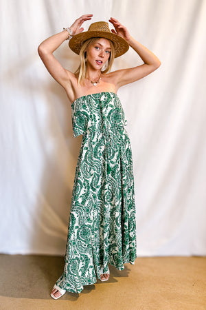 Paisley Damask Print Strapless Ruffle Top Maxi Dress / Green