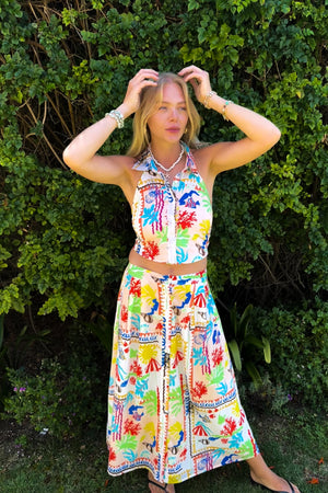 Aquatic Print Sash Back Tie Top / Ivory