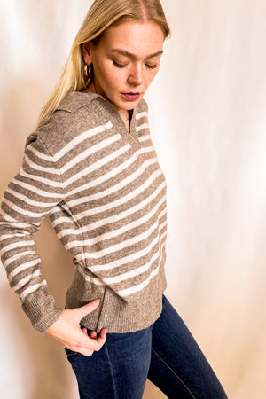 Striped Wool Blend Collar V Neck Sweater / Mocha