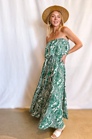 Paisley Damask Print Strapless Ruffle Top Maxi Dress / Green