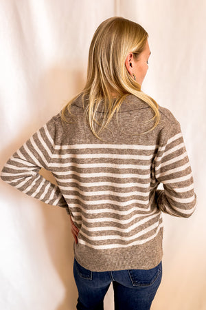 Striped Wool Blend Collar V Neck Sweater / Mocha