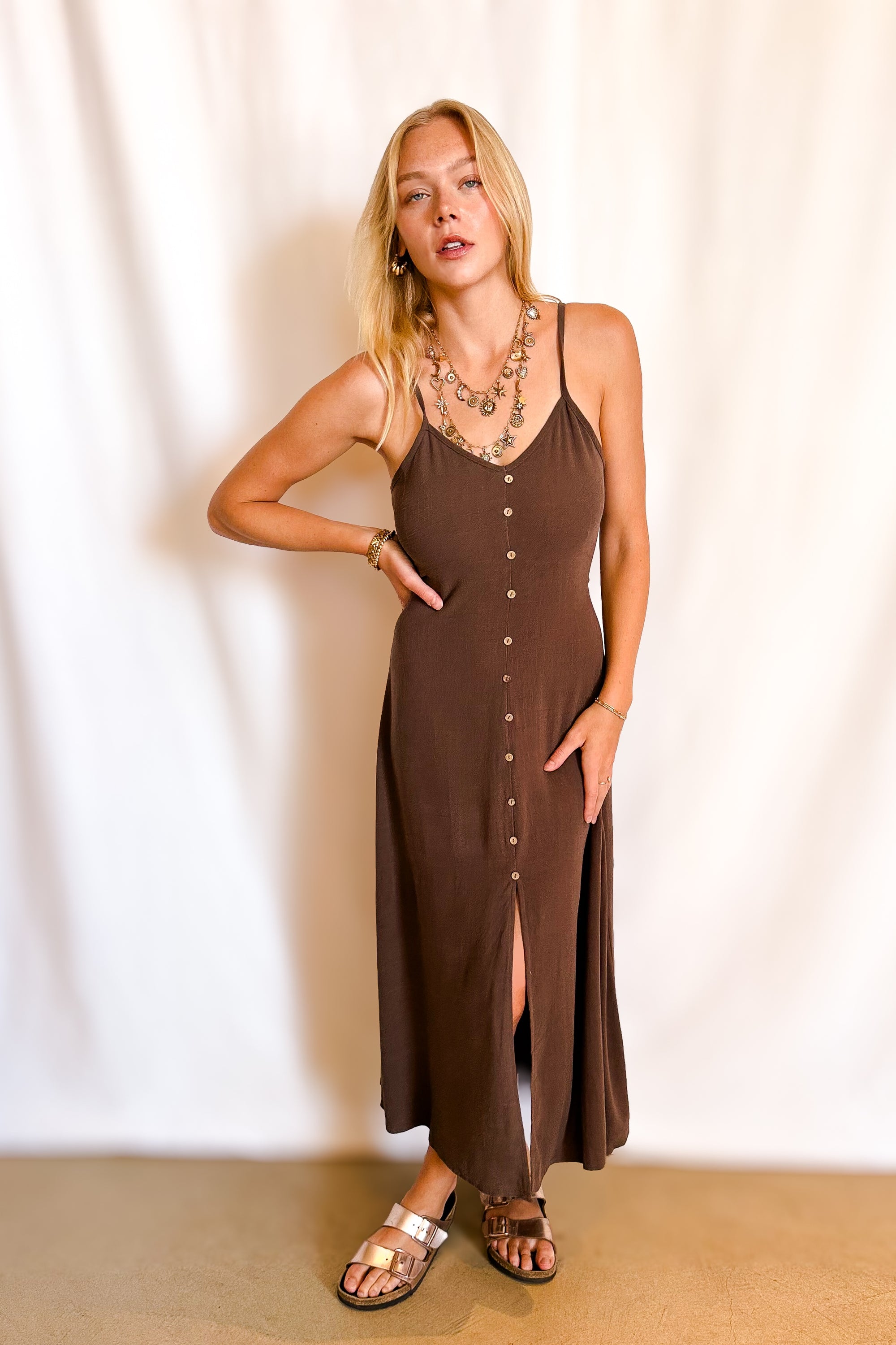 Linen Button Front Cami Midi Dress / Brown