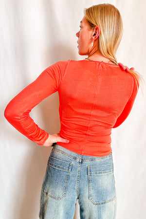 Baby Ribbed Button Up Long Sleeve Top / Coral