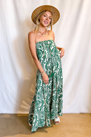 Paisley Damask Print Strapless Ruffle Top Maxi Dress / Green