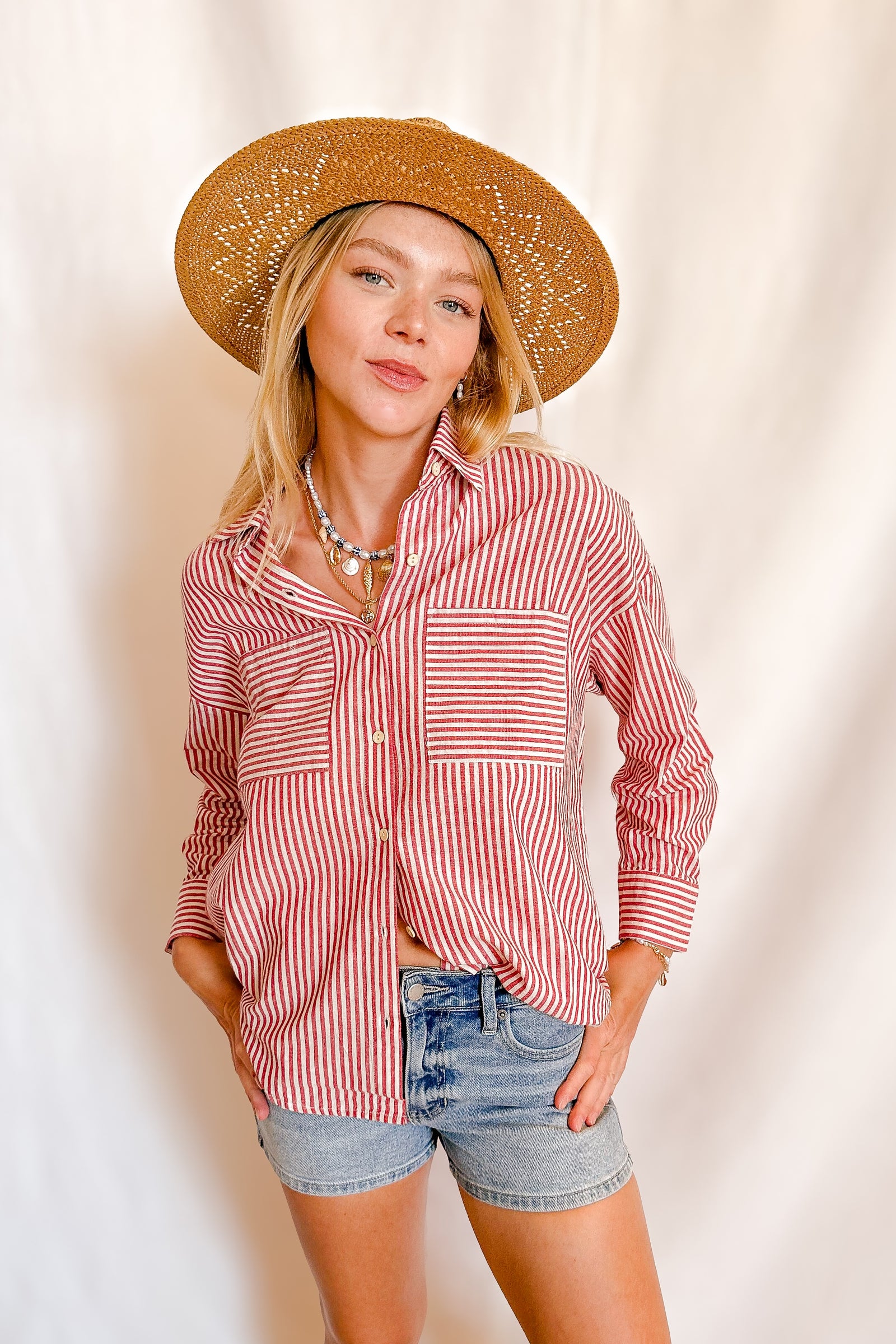 Striped Cotton Vinyard Long Sleeve Shirt / Red