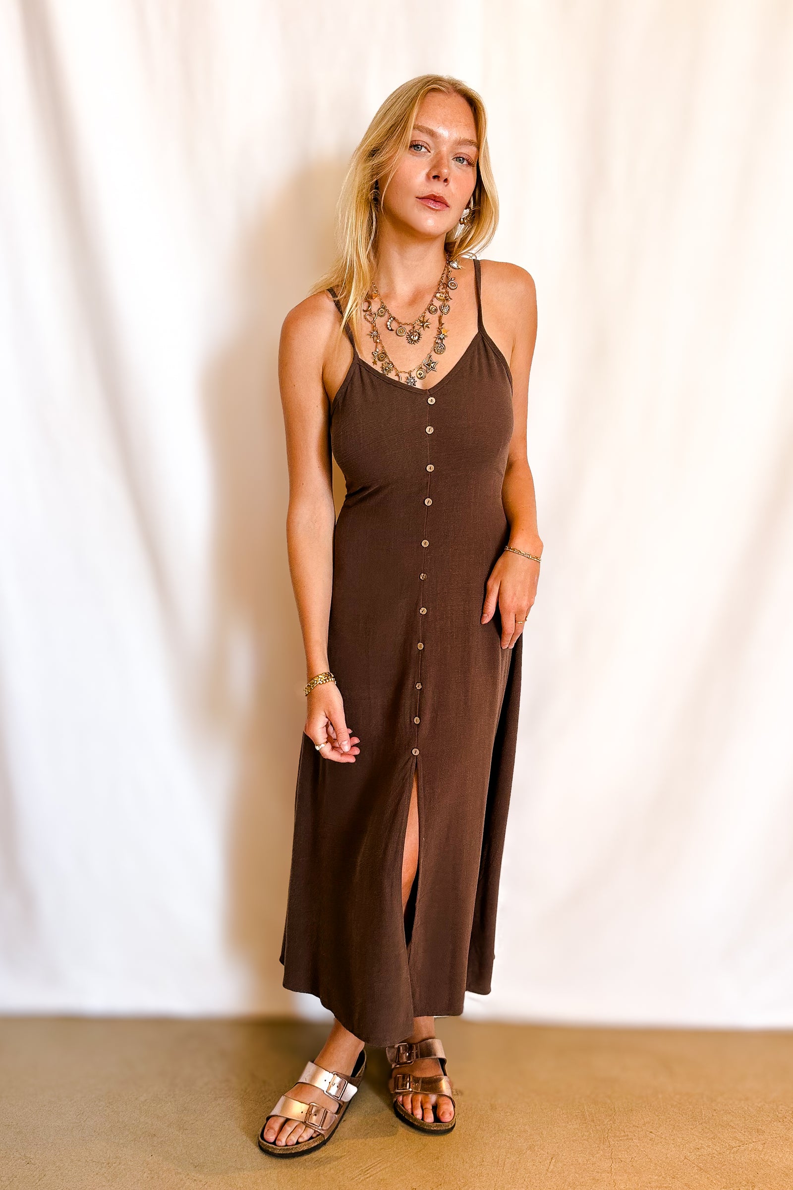 Linen Button Front Cami Midi Dress / Brown