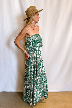 Paisley Damask Print Strapless Ruffle Top Maxi Dress / Green