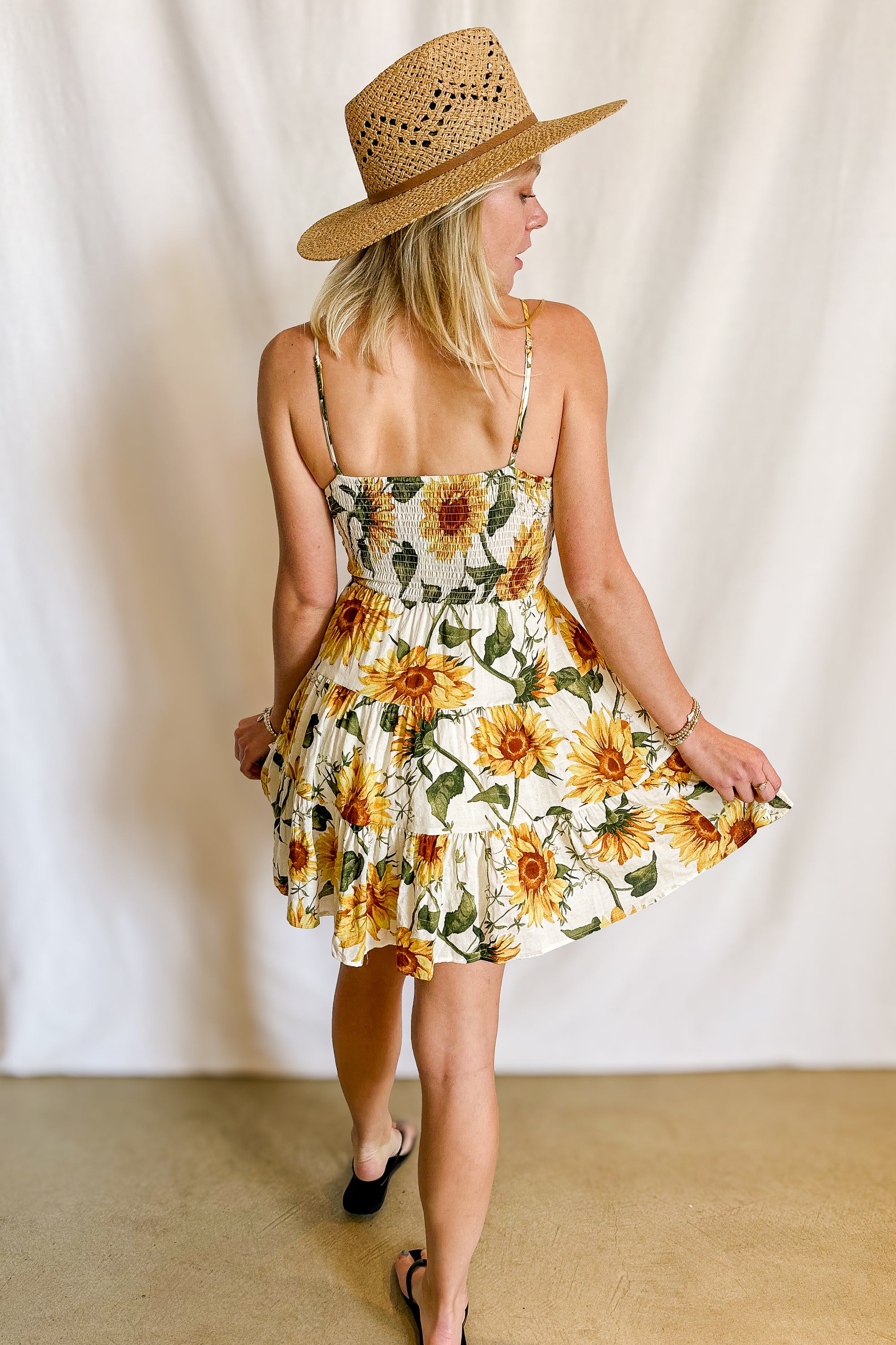 Sunflower Lace Up Bust Tiered Short Cami Dress / Natural