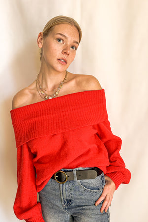 Relaxed Fold Down Off Shoulder Sweater / Red