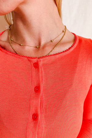 Baby Ribbed Button Up Long Sleeve Top / Coral