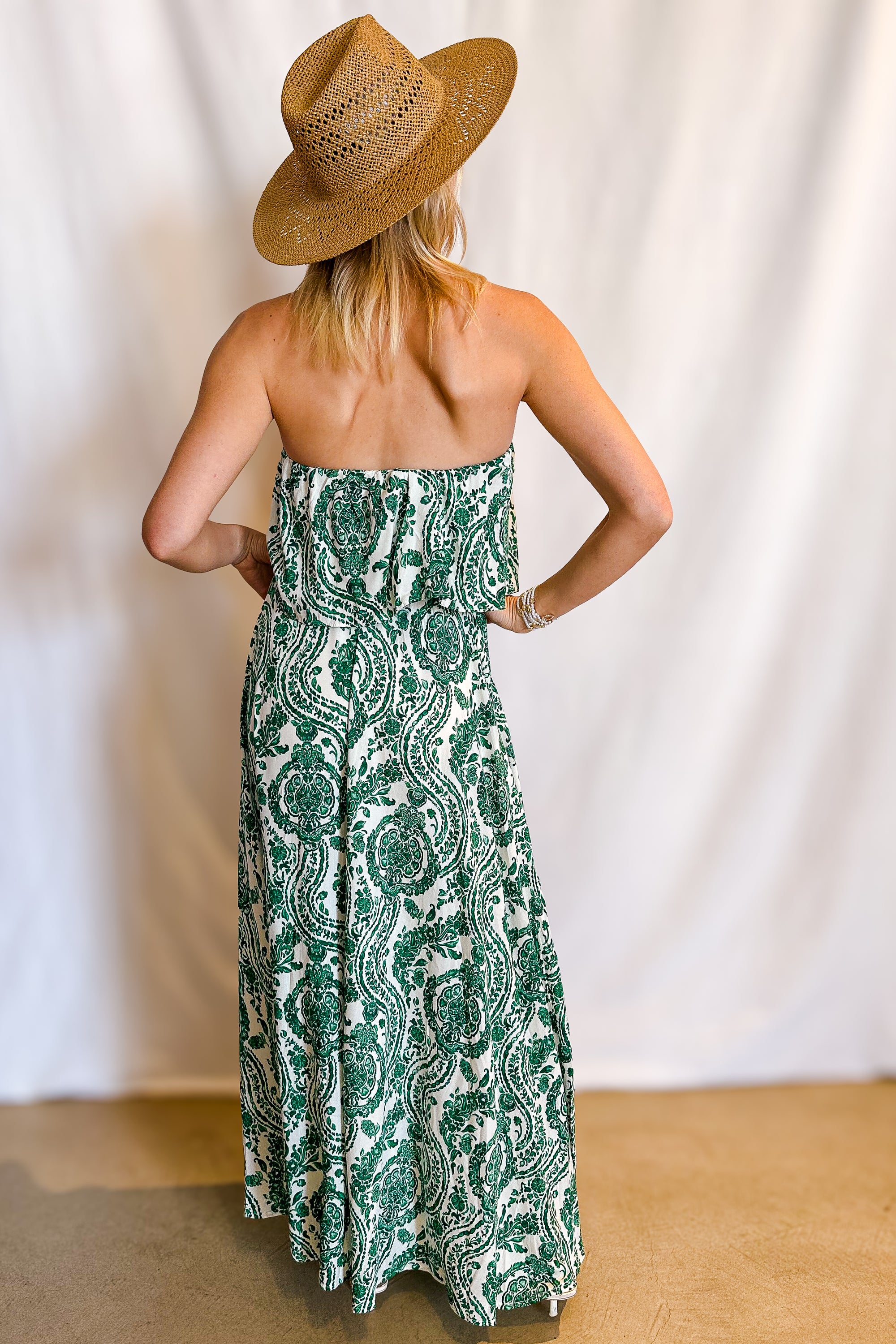 Paisley Damask Print Strapless Ruffle Top Maxi Dress / Green