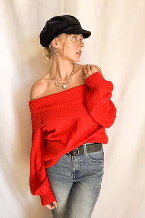 Relaxed Fold Down Off Shoulder Sweater / Red