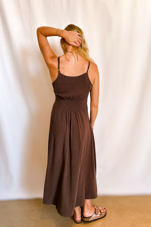 Linen Button Front Cami Midi Dress / Brown