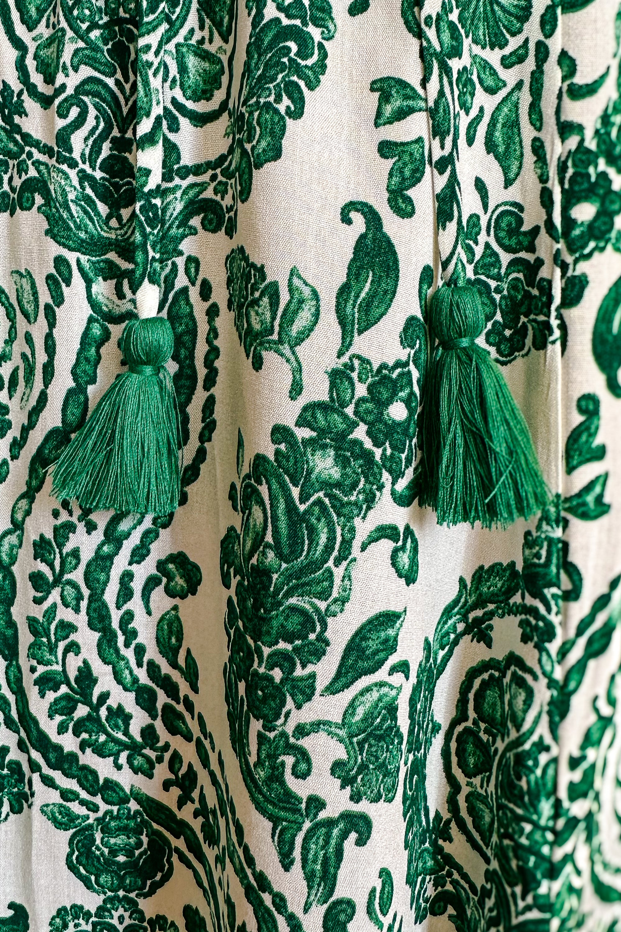 Paisley Damask Print Strapless Ruffle Top Maxi Dress / Green