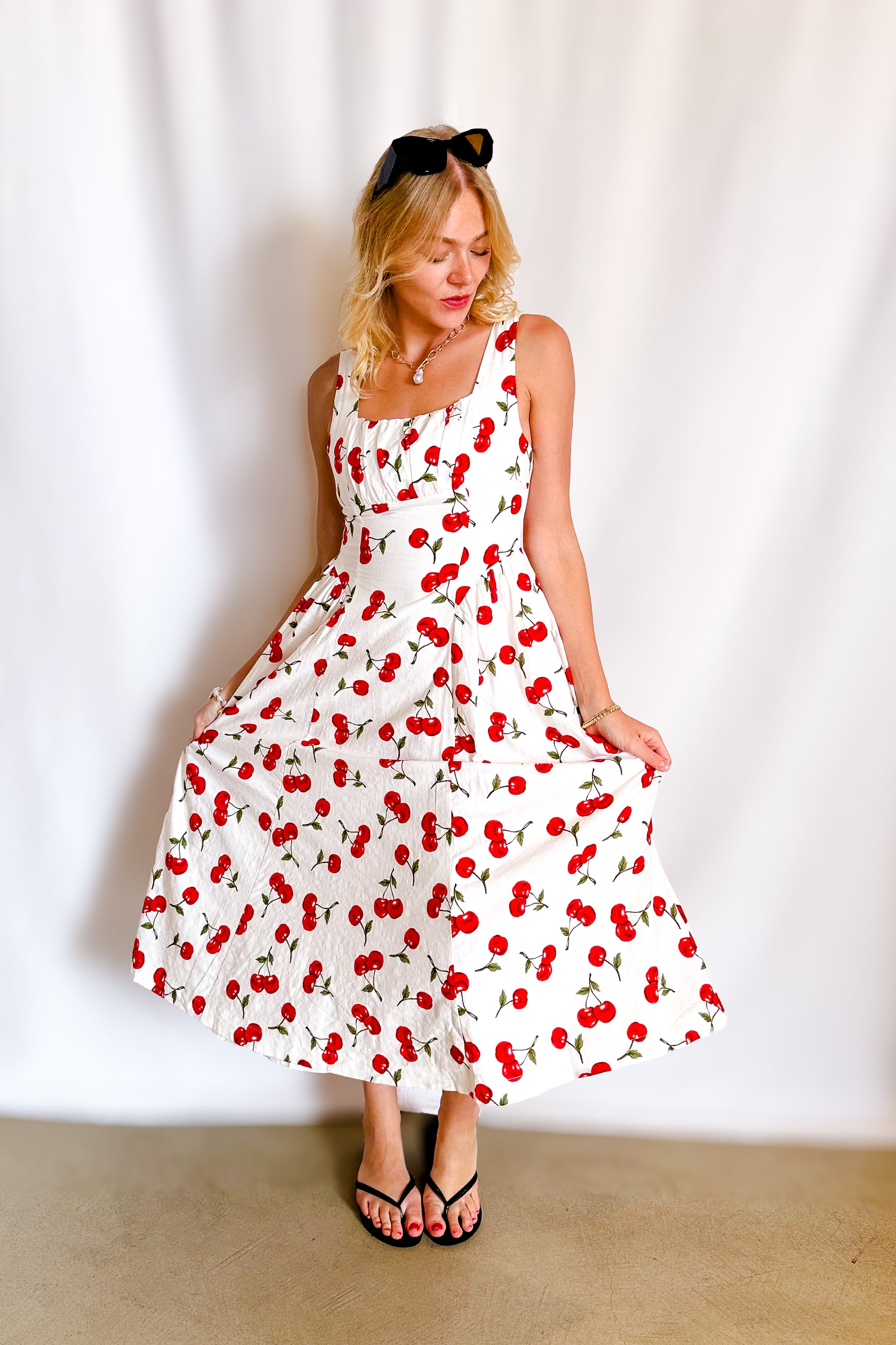 Cherry Print Midi Tank Dress / White