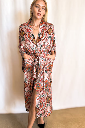 Paisley Long Belted Satin Robe Cover Up / Pink