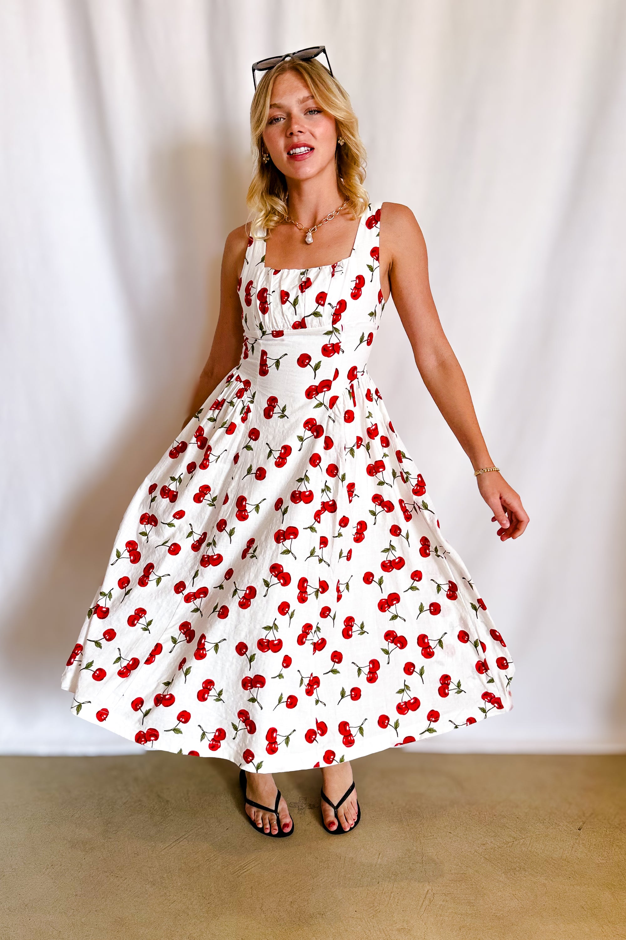 Cherry Print Midi Tank Dress / White