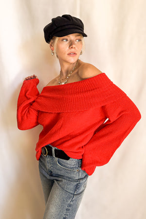 Relaxed Fold Down Off Shoulder Sweater / Red