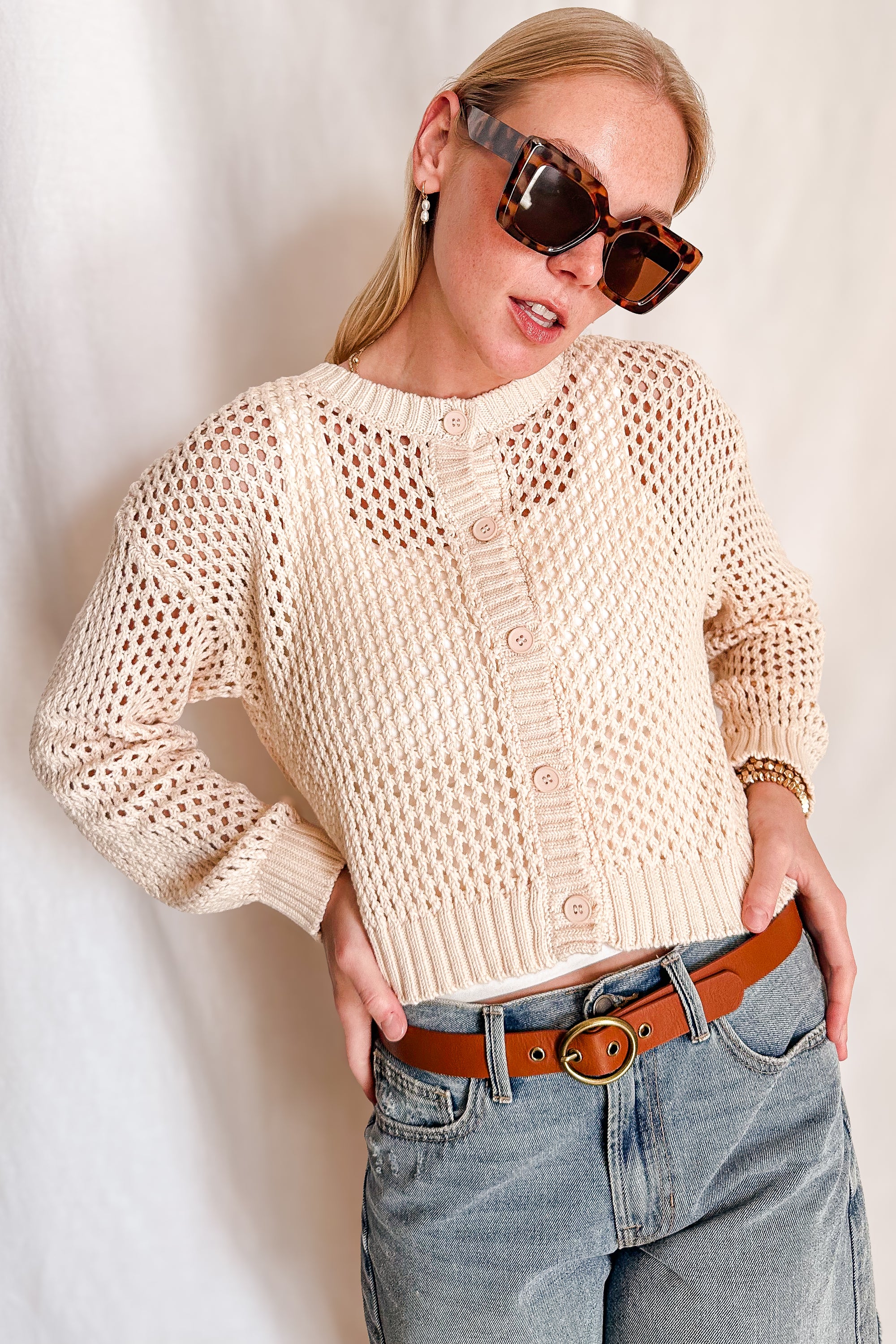 Crochet Knit Button Down Cardigan / Beige