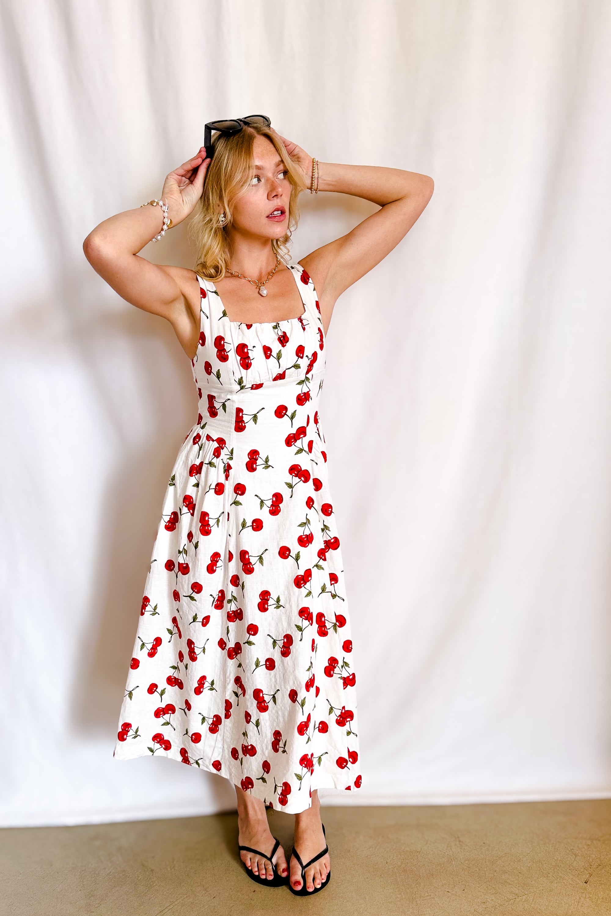 Cherry Print Midi Tank Dress / White