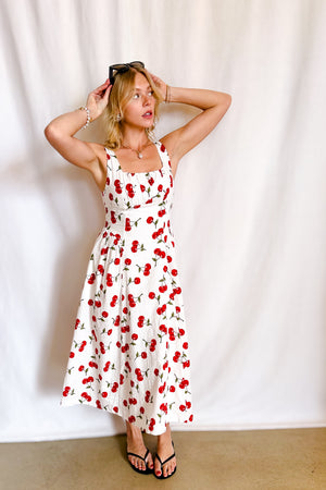 Cherry Print Midi Tank Dress / White