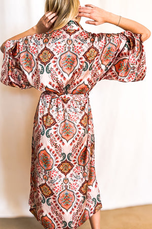 Paisley Long Belted Satin Robe Cover Up / Pink