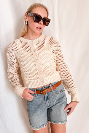 Crochet Knit Button Down Cardigan / Beige