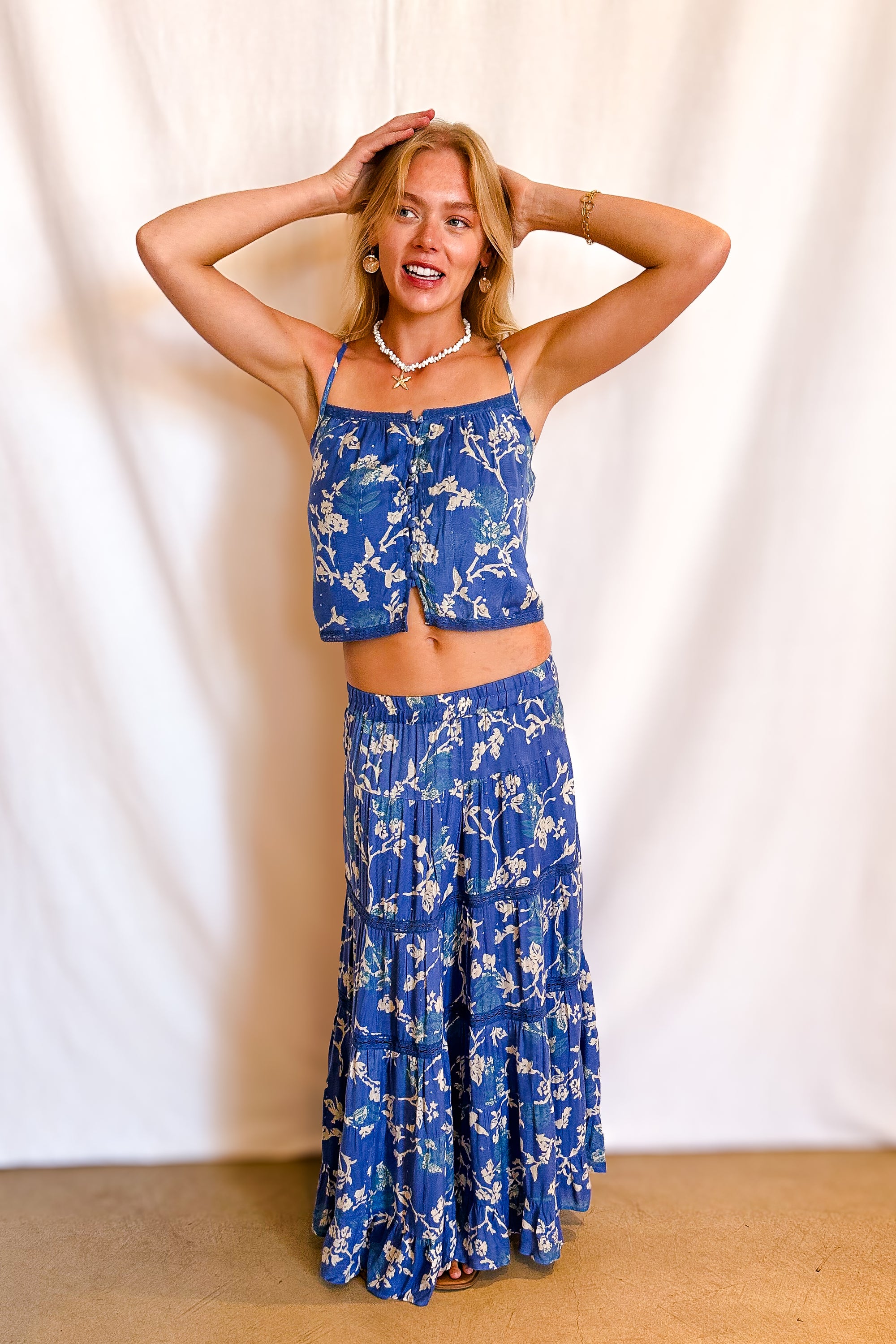 Beige Twig Floral Maxi Skirt / Blue