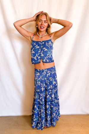 Beige Twig Floral Maxi Skirt / Blue