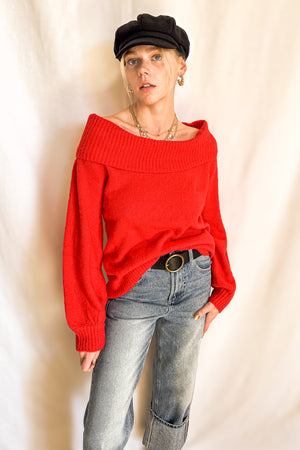 Relaxed Fold Down Off Shoulder Sweater / Red