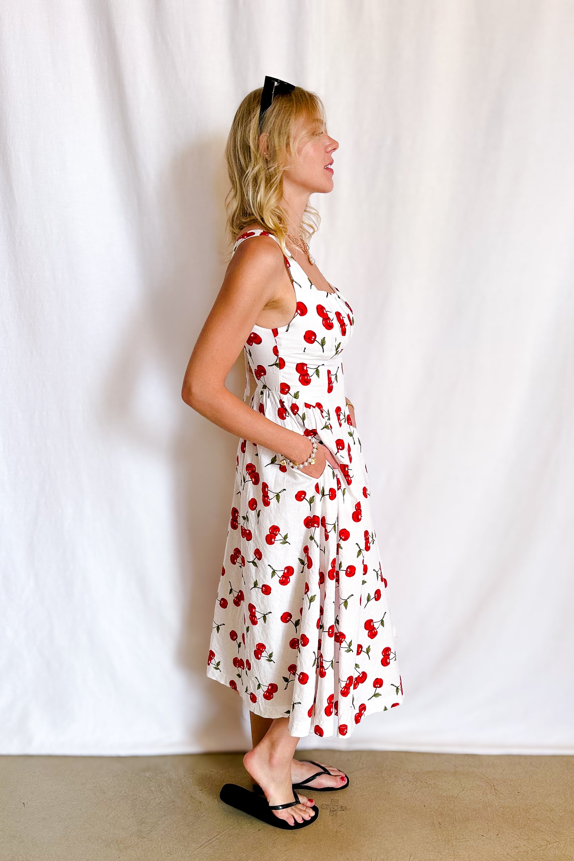 Cherry Print Midi Tank Dress / White