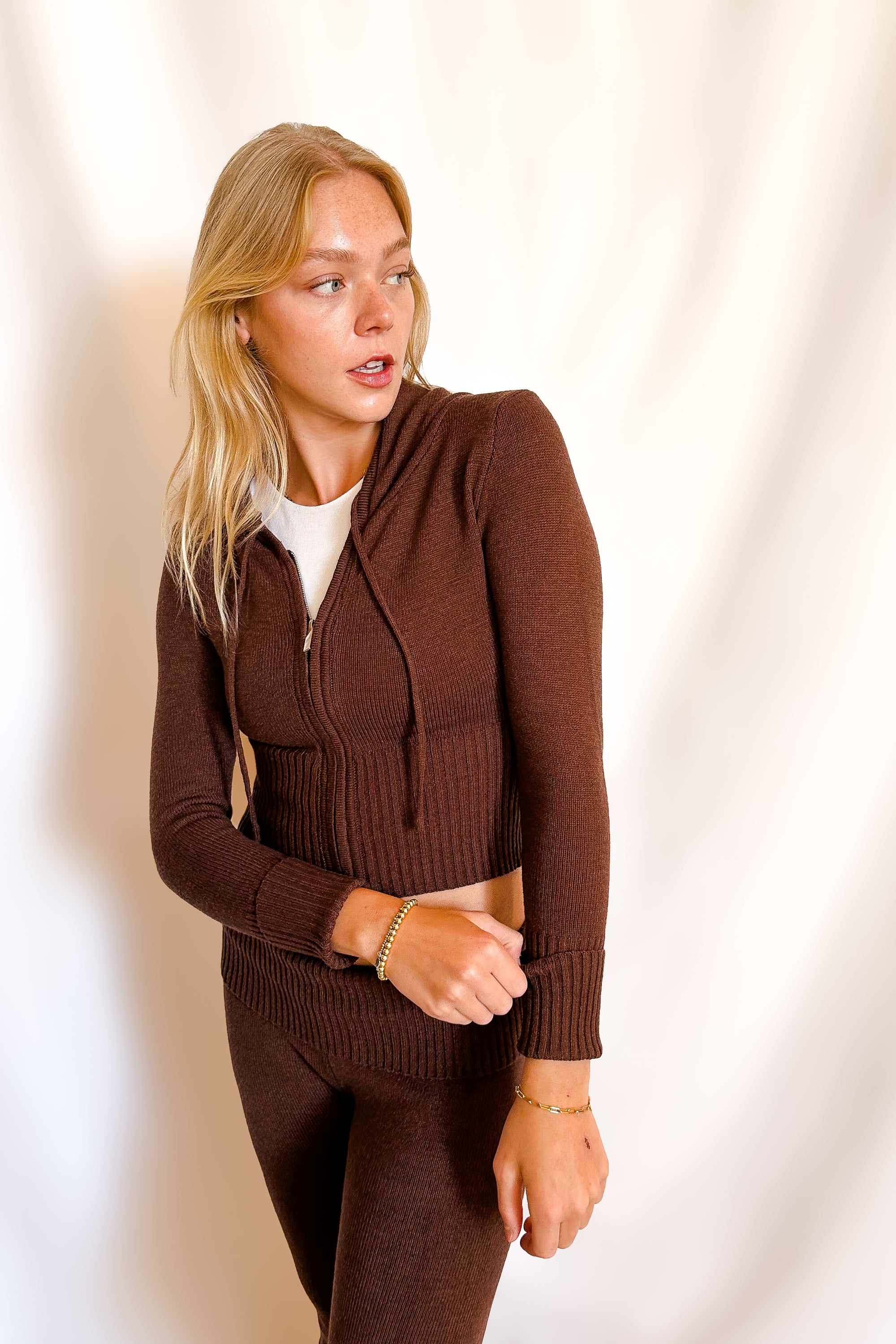 Knit Two Way Zip Fitted Hooded Cardigan / Chocolate