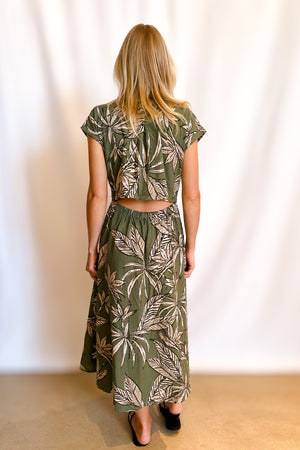 Linen Palm Button Up Open Back Sleeveless Dress / Olive