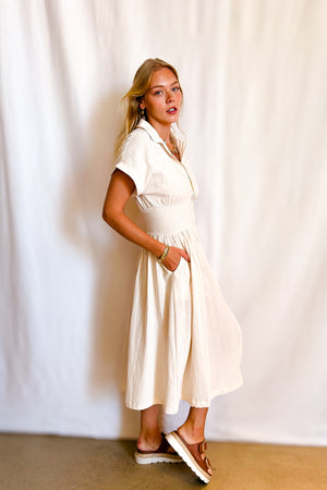 Cotton Sleeveless Kimono Zip Up Midi dress / Beige