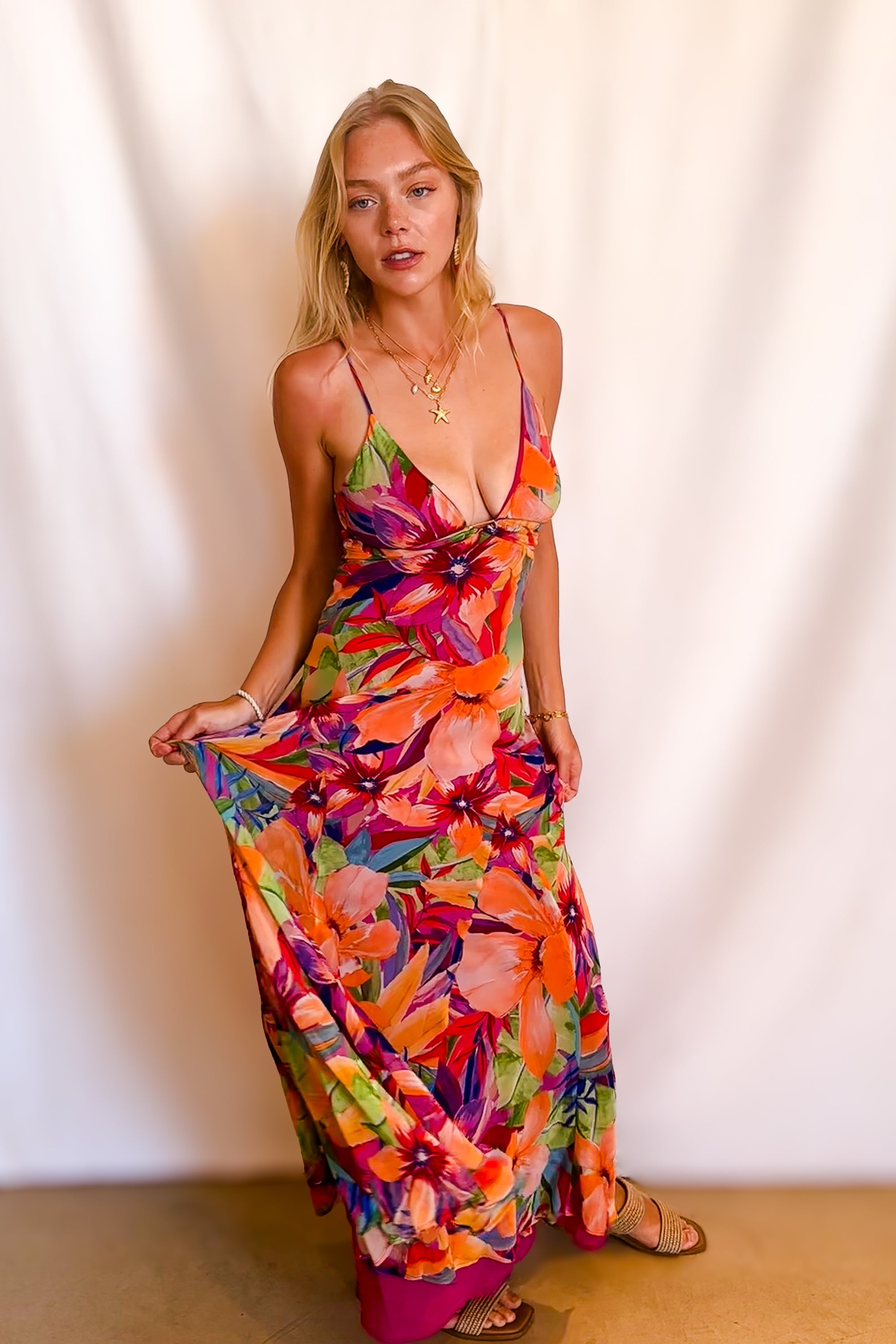 Tropical Chiffon Mermaid Maxi Dress / Coral