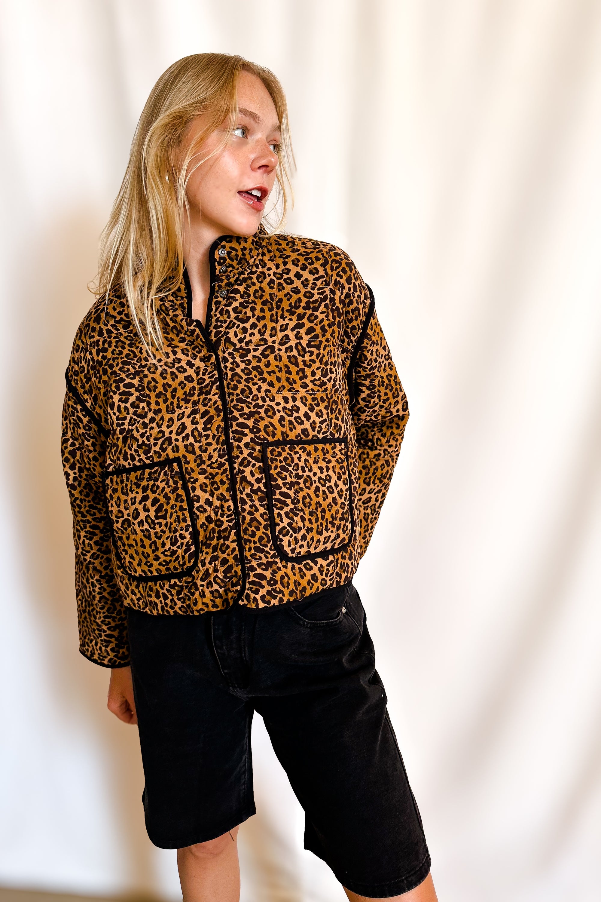 Quilted Leopard Button Down Puffer Jacket / Brown