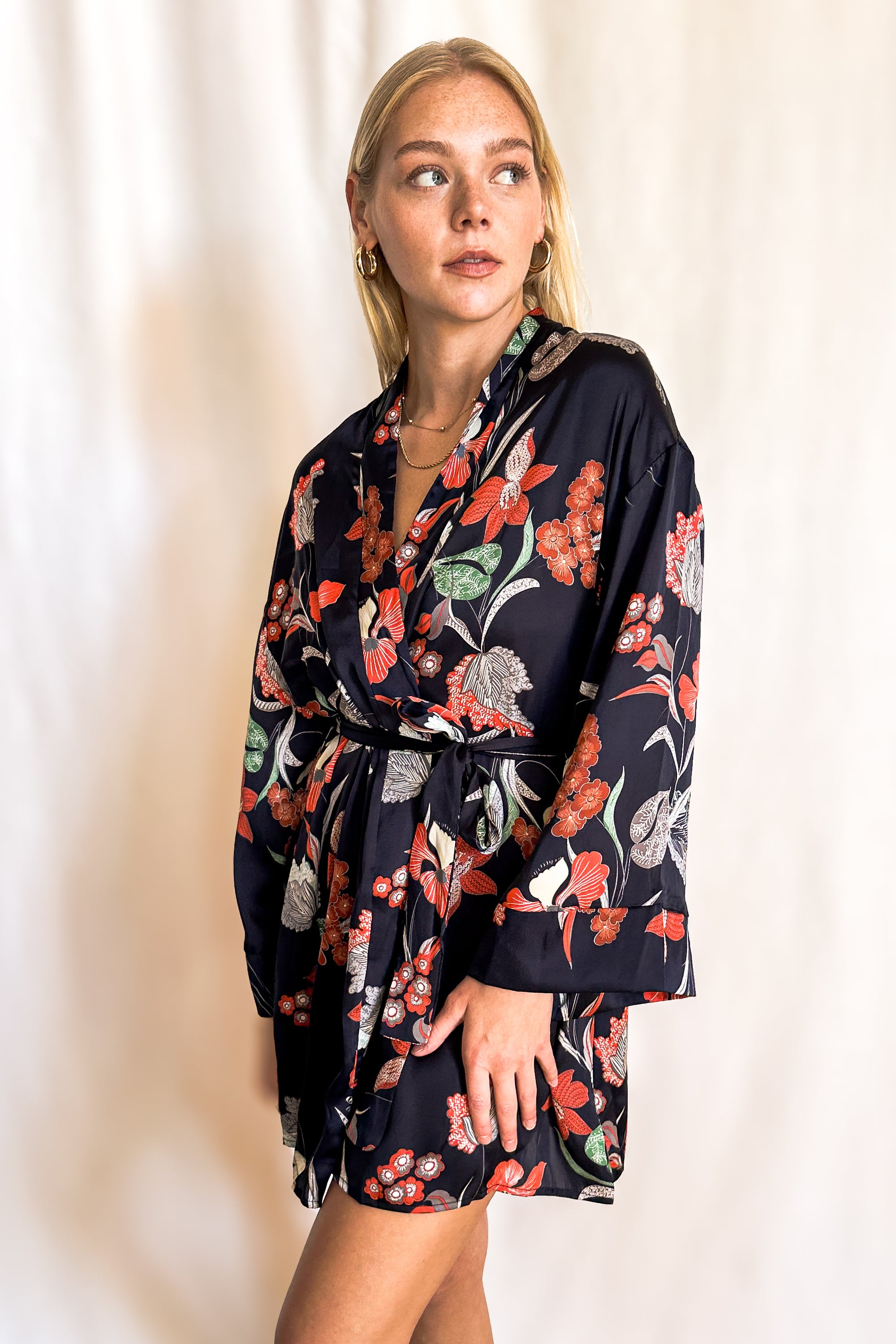 Paradise Short Belted Satin Robe Cover Up / Navy