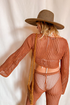 Crochet Long Sleeve Sash Tie Top / Brown