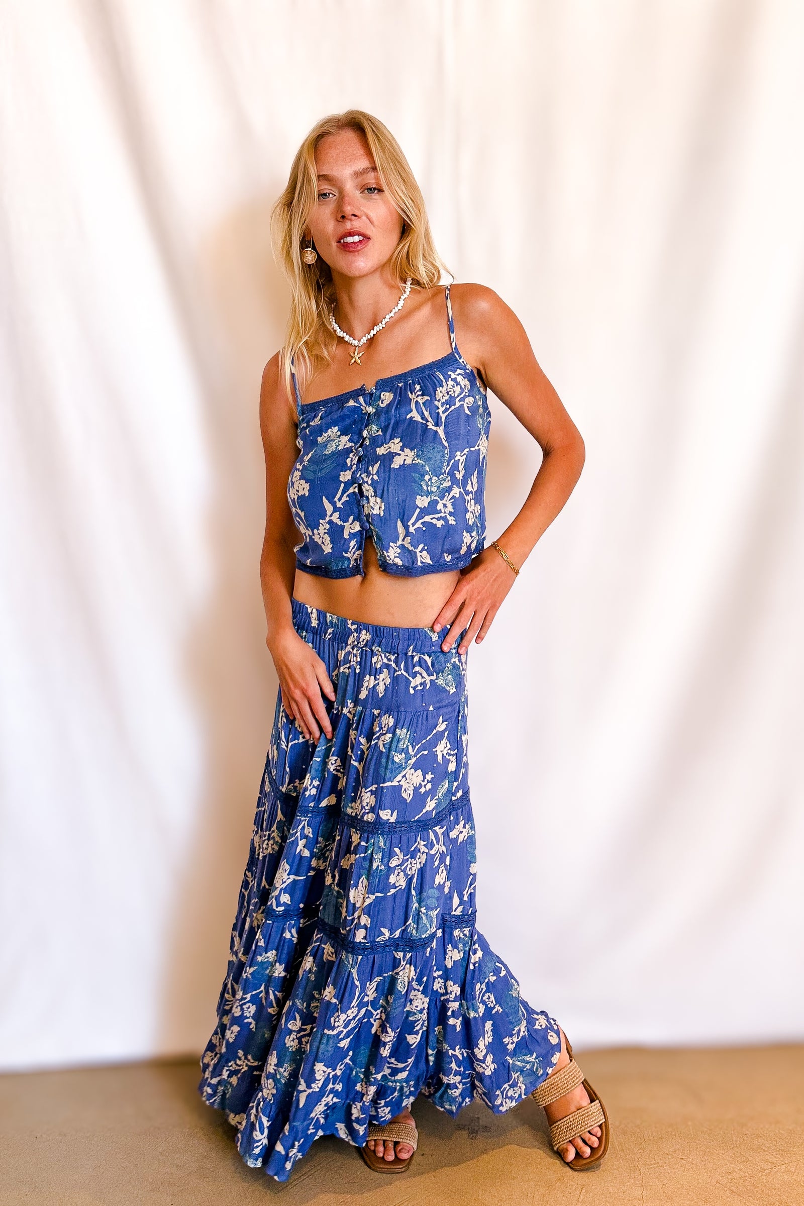 Beige Twig Floral Maxi Skirt / Blue