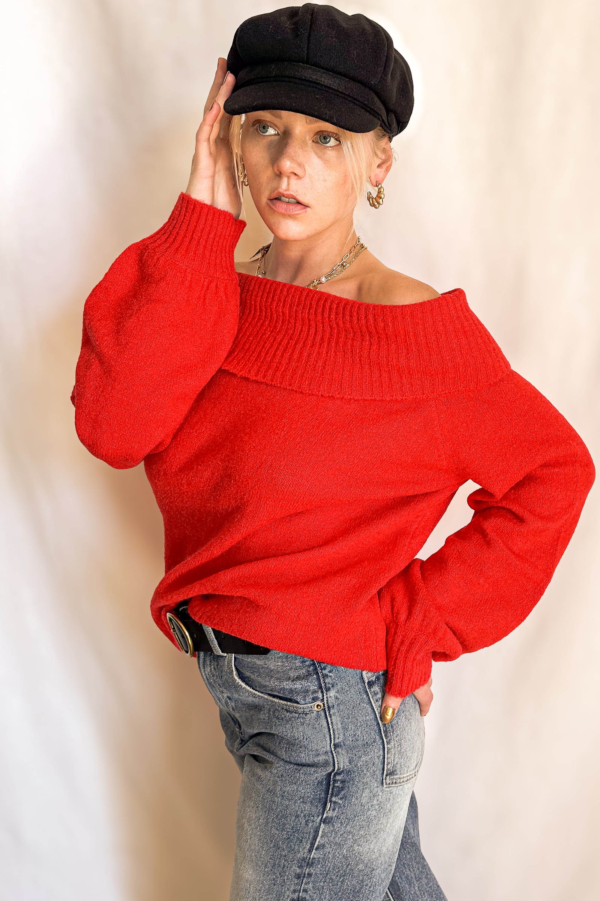 Relaxed Fold Down Off Shoulder Sweater / Red